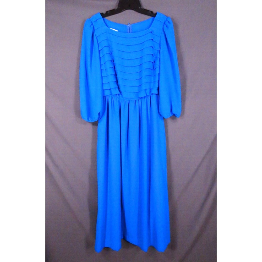 VTG MISS ELLIETTE Royal Blue PLEATED BLOUSON CHIFFON PARTY DRESS 36" Bust M